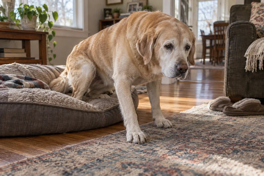 Senior yellow Labrador with a graying muzzle slowly getting up from a dog bed in a living room