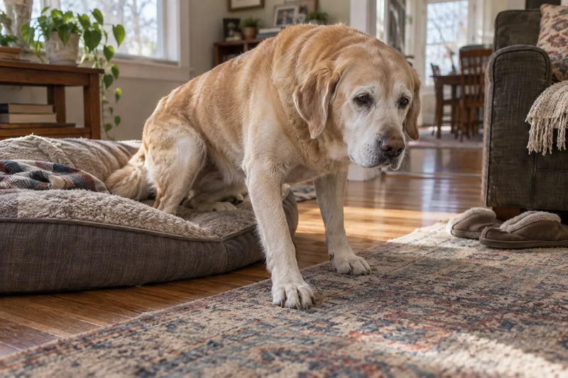 Senior yellow Labrador with a graying muzzle slowly getting up from a dog bed in a living room