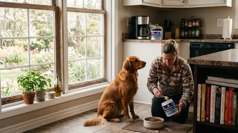 A woman kneels in a kitchen, scooping Probiotic Miracle powder into a bowl of kibble for a patiently waiting golden retriever, with additional product packaging visible nearby.