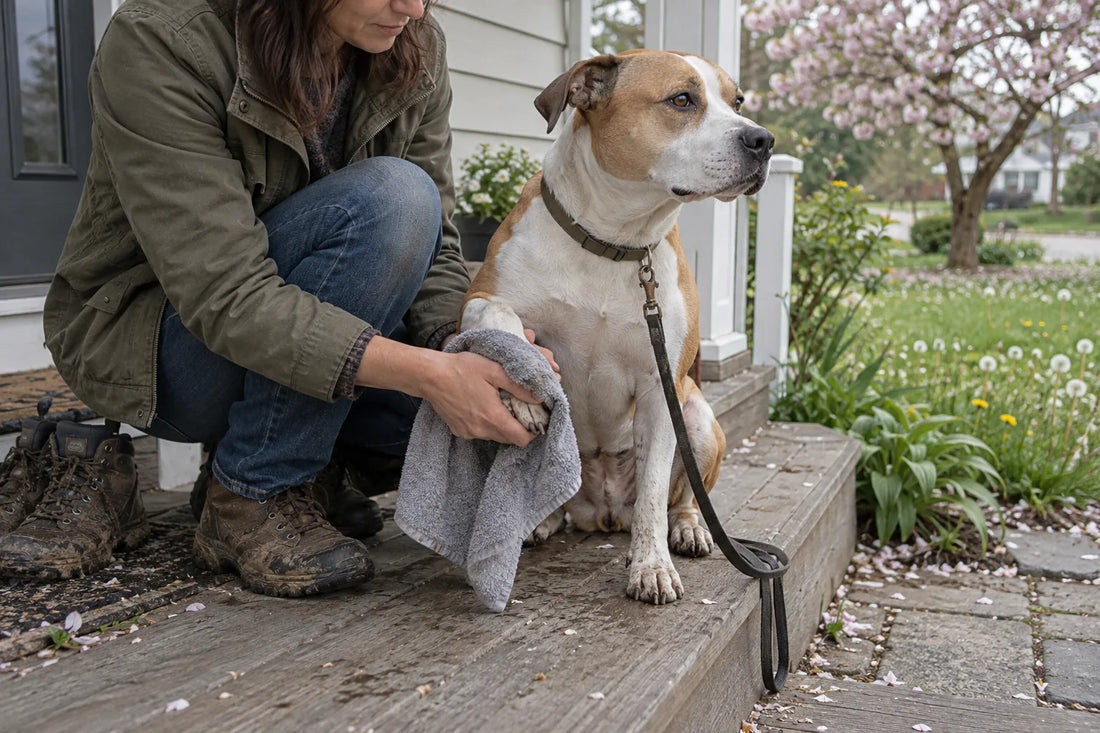 Owner wiping a white and tan dog's paws with a towel on a back porch step after a spring walk