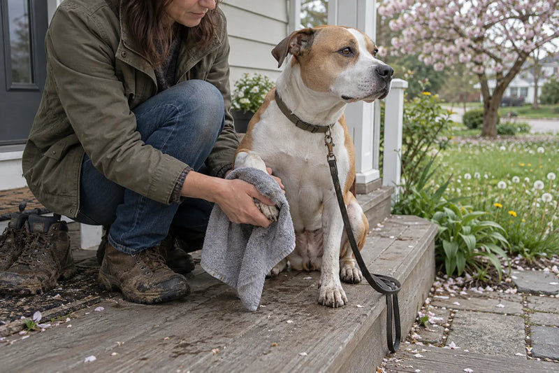 Owner wiping a white and tan dog's paws with a towel on a back porch step after a spring walk